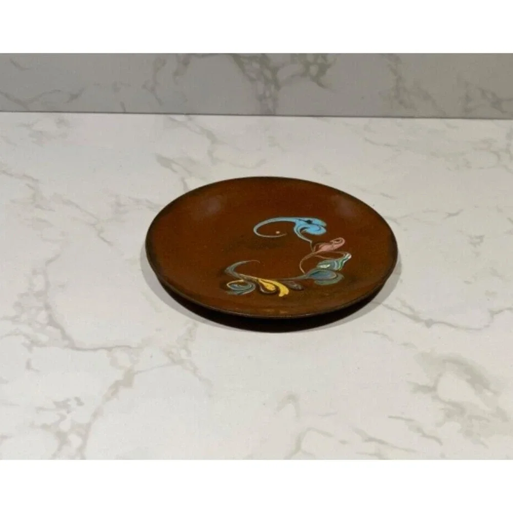 Vtg Enamel on Copper Bowl Hand Painted Dish 4